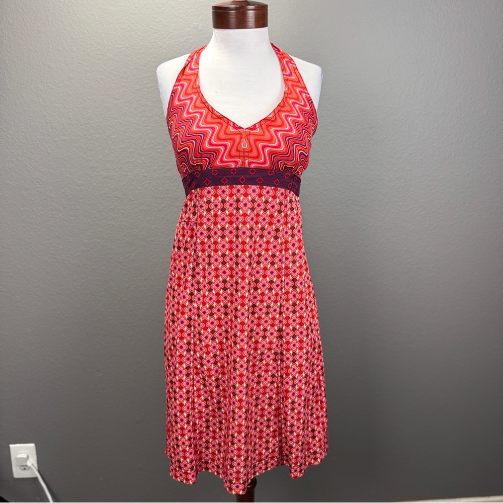 Athleta Red Multi Retro Inspired 70's Mod Print Halter Dress Sz 6 Boho